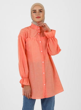 Front Button Down Tunic Salmon With Chest And Sleeve Ruffles