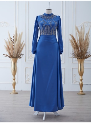 Blue - Fully Lined - Crew neck - Modest Evening Dress - Aslan Polat