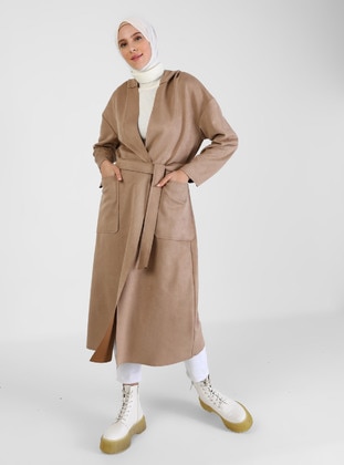 Camel - Unlined - Double-Breasted - Topcoat - Refka