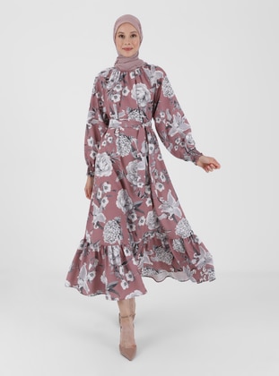 Gray - Pink - Floral - Crew neck - Unlined - Modest Dress - Refka