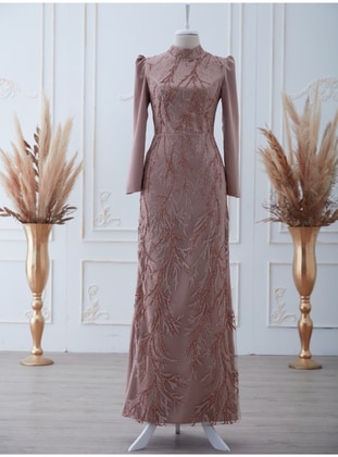 Copper - Fully Lined - Crew neck - Modest Evening Dress - Aslan Polat