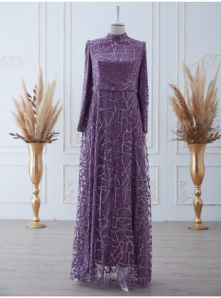 Lilac - Purple - Fully Lined - Crew neck - Modest Evening Dress - Aslan Polat