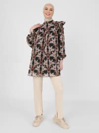 Floral Patterned Lined Chiffon Tunic Black