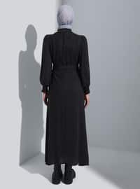 Wool Effect Belt Detailed Modest Dress Anthracite