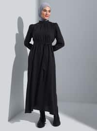 Wool Effect Belt Detailed Modest Dress Anthracite