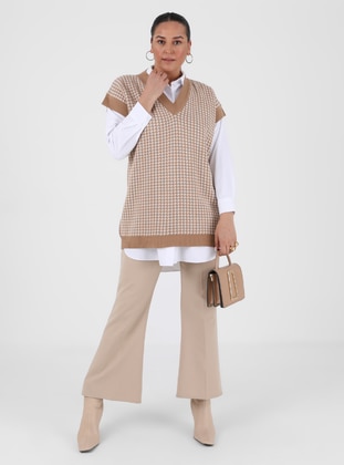 Camel - Houndstooth - V neck Collar - Plus Size Knit Tunics - Alia