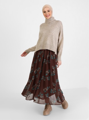 Brown - Floral - Fully Lined - Skirt - Refka