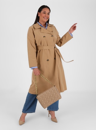 Beige - Unlined - Double-Breasted - Plus Size Trench coat - Alia