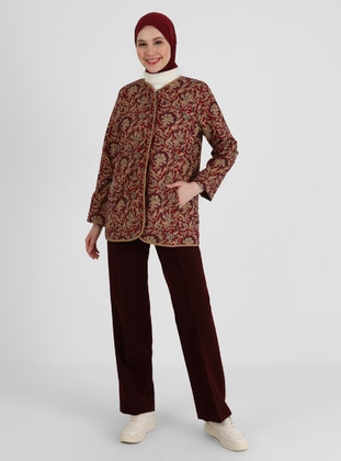 Maroon - Floral - Fully Lined - Crew neck - Jacket - Refka