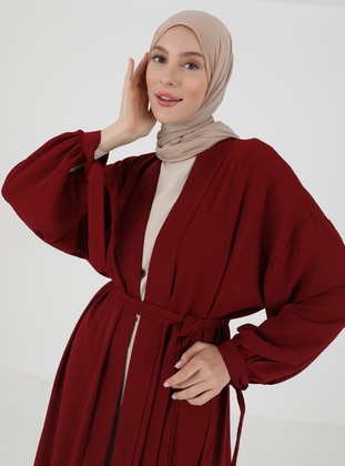 Maroon - Unlined - V neck Collar - Abaya - Refka