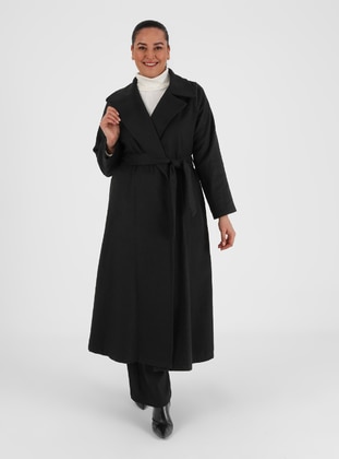 Plus Size Belt Detailed Hijab Coat Black