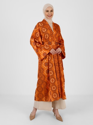 Orange - Floral - Unlined - Double-Breasted - Abaya - Refka