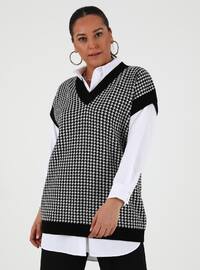 Plus Size Houndstooth Patterned Sweater Sweater Tunic Black Ecru