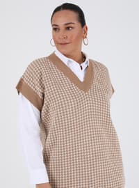 Camel - Houndstooth - V neck Collar - Plus Size Knit Tunics