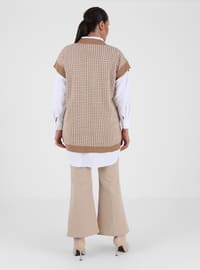Camel - Houndstooth - V neck Collar - Plus Size Knit Tunics