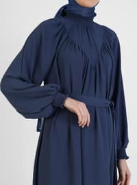 Kol Ucu Ve Yakası Fırfır Detaylı KuşaklıTesettür Elbise - Açık Lacivert