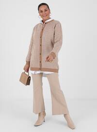 Plus Size Houndstooth Patterned Sweater Cardigan Camel