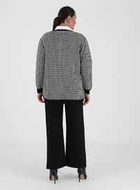 Plus Size Houndstooth Patterned Sweater Cardigan Black Ecru