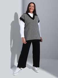 Plus Size Houndstooth Patterned Sweater Sweater Tunic Black Ecru