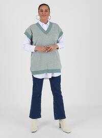 Green Almond - Houndstooth - V neck Collar - Plus Size Knit Tunics