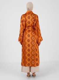 Orange - Floral - Unlined - Double-Breasted - Abaya