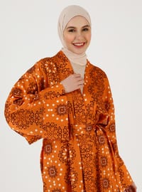 Orange - Floral - Unlined - Double-Breasted - Abaya