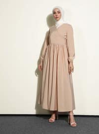 V Neck Modal Fabric Modest Dress Beige