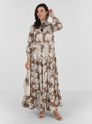 Patterned Modest Dress Coffee Color
