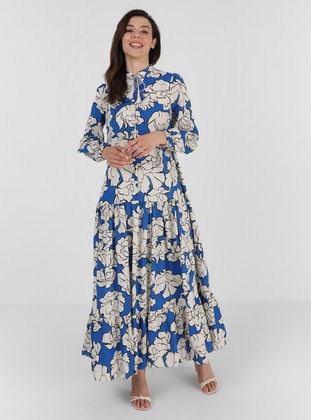 Patterned Modest Dress Blue