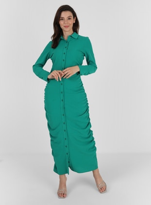 Green - Point Collar - Unlined - Modest Dress - LOREEN