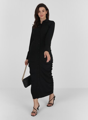 Black - Point Collar - Unlined - Modest Dress - LOREEN