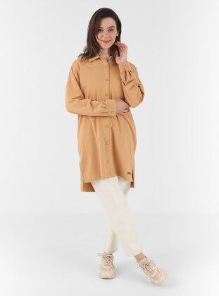 Side Slits Button Down Tunic Camel Feather