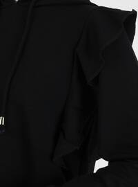 Kapüşonlu Fırfır Detaylı Sweatshirt - Siyah