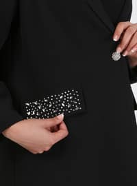 Plus Size Stone Detailed Jacket&Pants Hijab Evening Dresses Co-Ord Black
