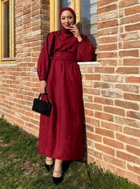 Red - Crew neck - Unlined - Modest Dress