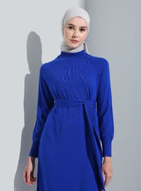 Belt Detailed Tricot Modest Dress Sax Blue
