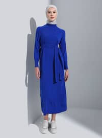 Belt Detailed Tricot Modest Dress Sax Blue