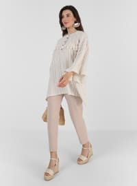 Half Button Down Tunic With Fringe Detail Latte Color