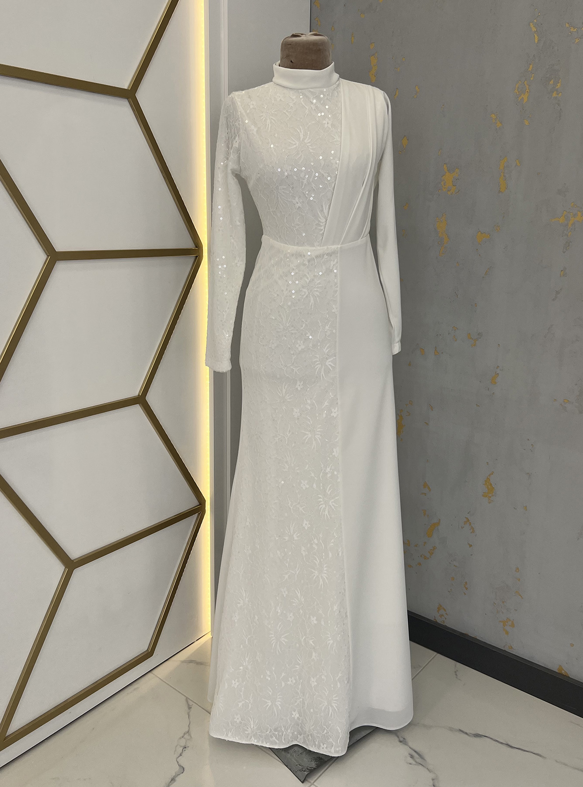 Ecru - Fully Lined - Crew neck - Modest Evening Dress