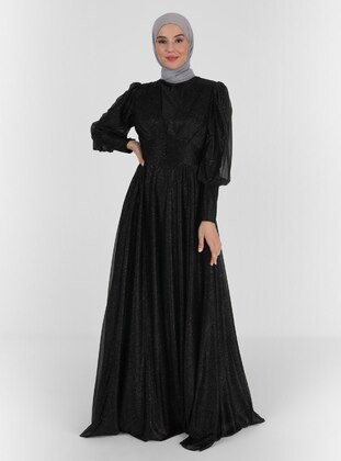 Black - Silvery - Fully Lined - Crew neck - Modest Evening Dress - Fashion Showcase Design