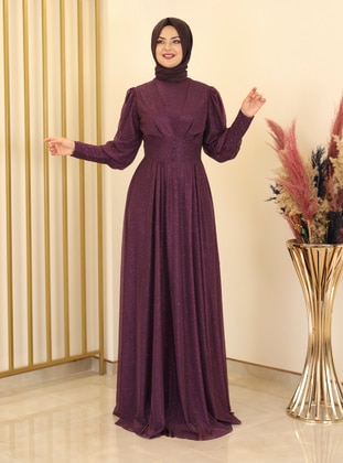 Purple - Silvery - Fully Lined - Crew neck - Modest Evening Dress - Fashion Showcase Design
