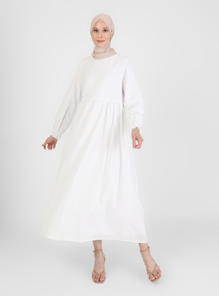 Fisto Embroidery Detailed Lined Modest Dress Off White