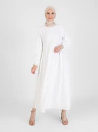 Fisto Embroidery Detailed Lined Modest Dress Off White