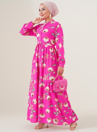 Fuchsia - Multi - Button Collar - Modest Dress - By Saygı