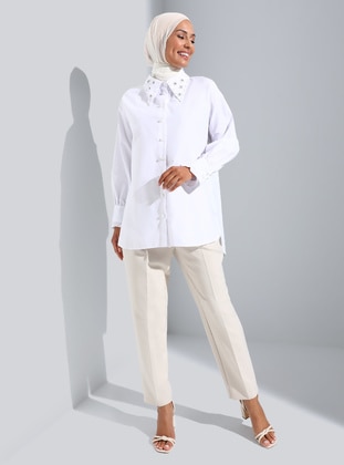 Bead Detailed Wide Collar Shirt White