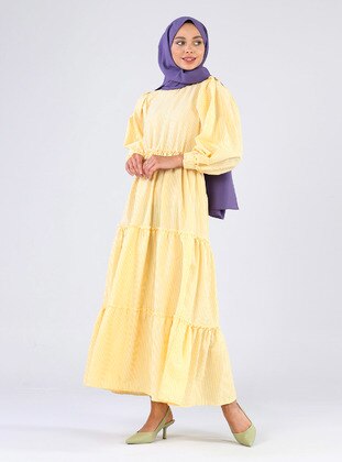 Yellow - Stripe - Crew neck - Unlined - Modest Dress - TEKBİR