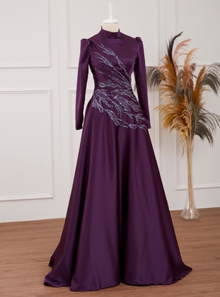 Crystal Hijab Evening Dress Purple