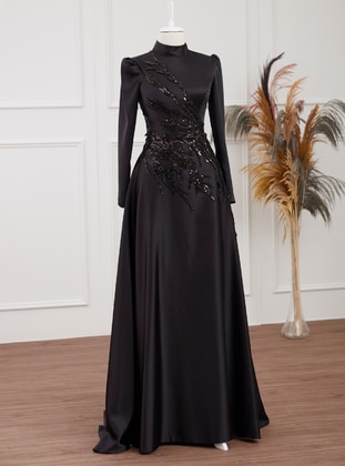 Black - Fully Lined - Crew neck - Modest Evening Dress - Lavienza