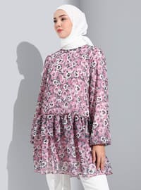 Pink - Floral - Crew neck - Tunic