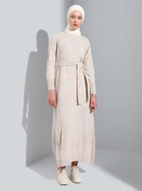 Belt Detailed Knitwear Modest Dress Beige Melange